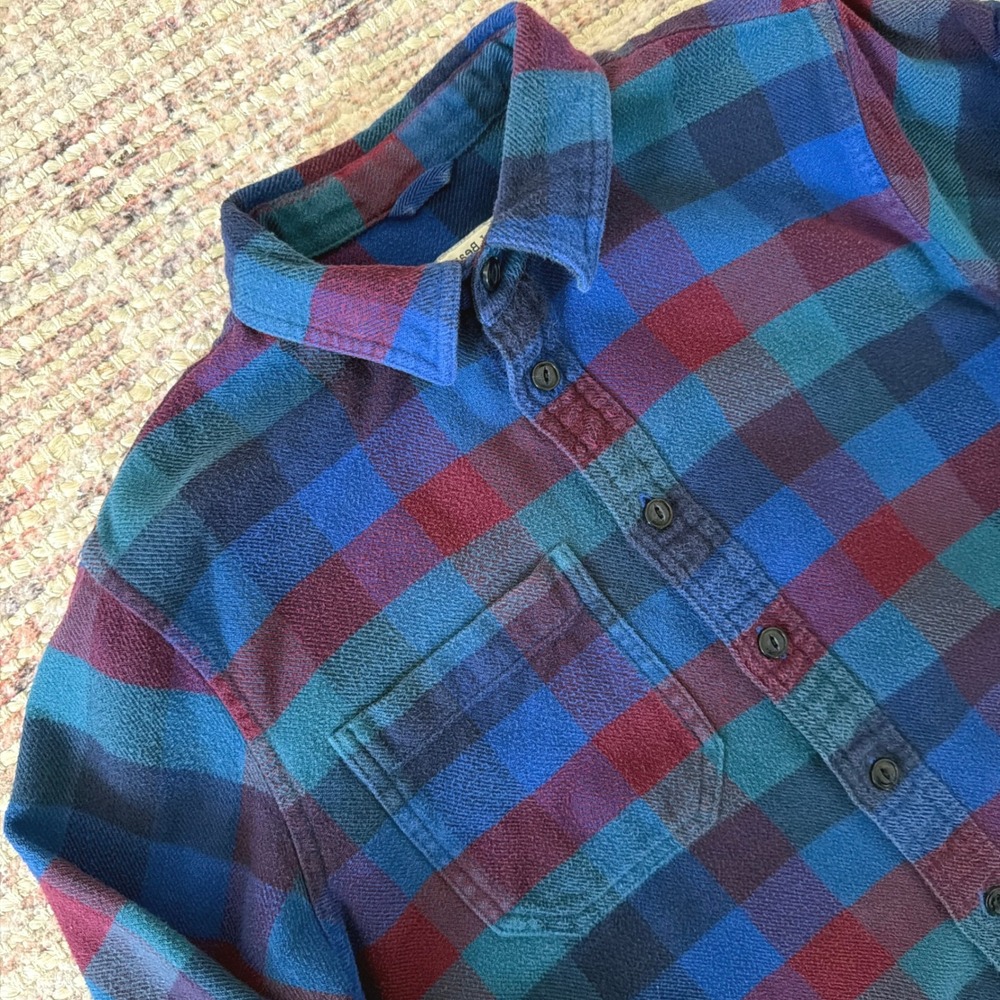 L.L. Bean Buffalo Check Brushed Organic Cotton Flannel Shirt Small Blue Burgundy